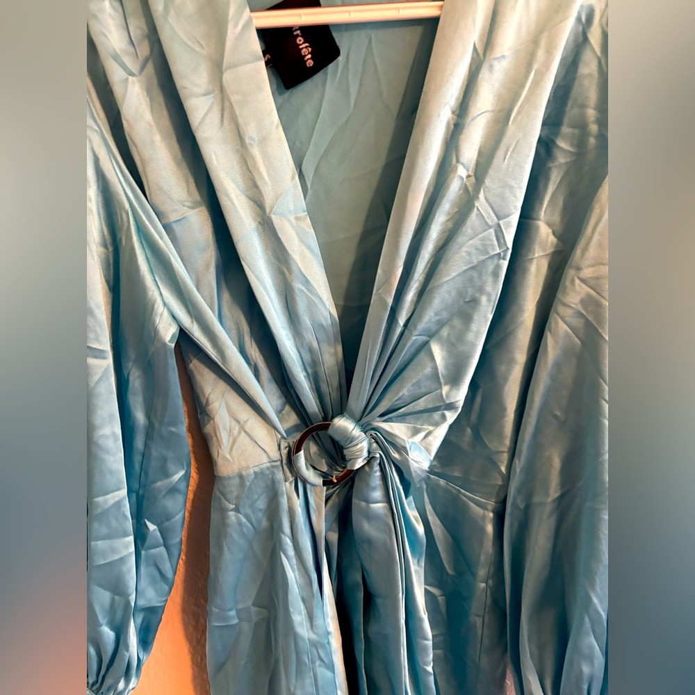 Retrofete Turquoise Satin Wrap Mini Dress - Picture 4 of 6